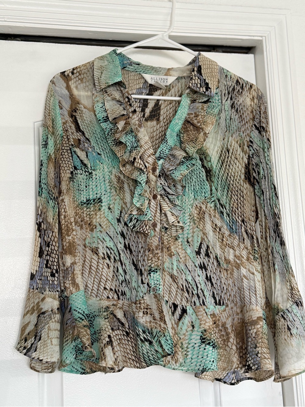 Allison Taylor Mint and Taupe Snake-Print Ruffle Blouse